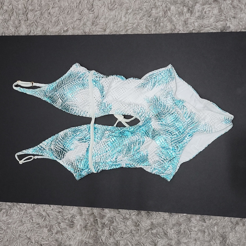 WET Deep V One Piece Swimsuit Blue Leaf Print